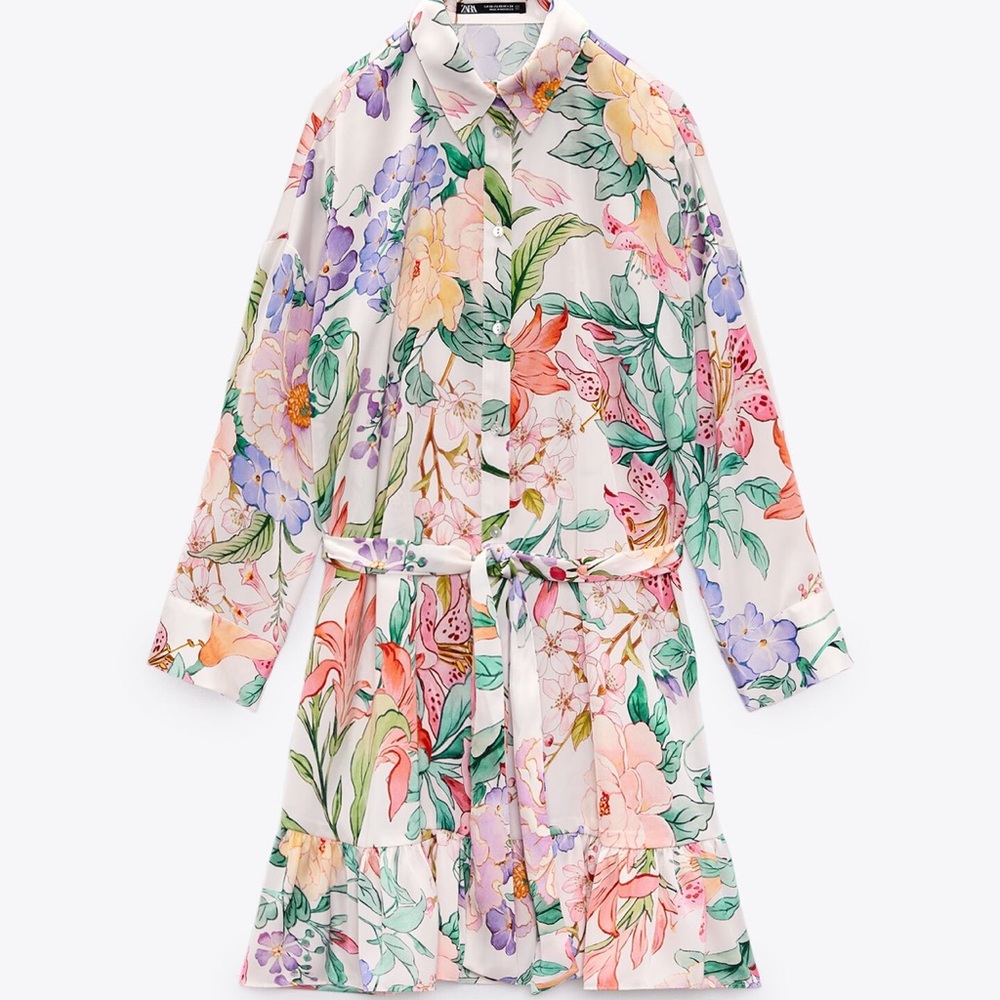 Zara button front floral tie waist dress